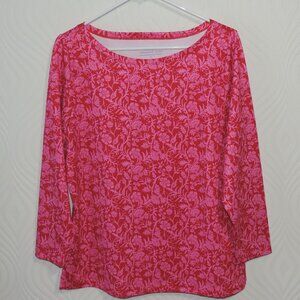 VINEYARD VINES sz M Sankaty Boatneck Simple Travel Tee Pink on Red Floral Print